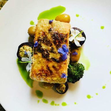 Mahi Mahi with lemon grass and thyme, new potatoes and stuffed feta mushrooms 