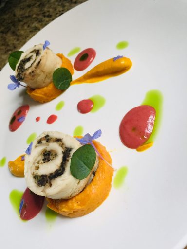 chicken mushroom roulade with sweet potato