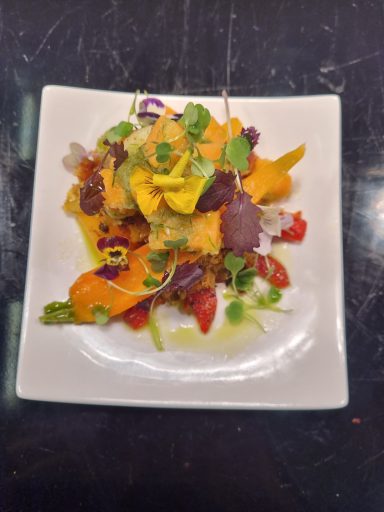 Vegan elements of roasted peppers and confit carrots